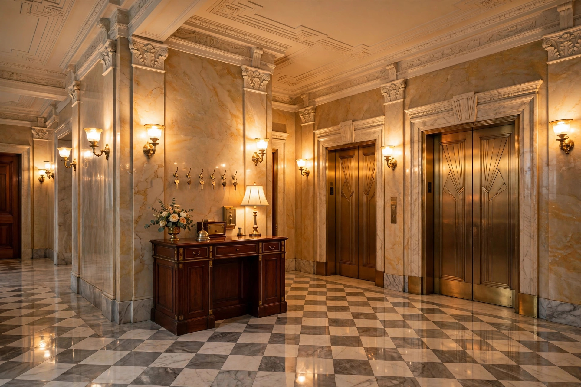 Grand pre-war co-op lobby with brass elevator doors in Brooklyn